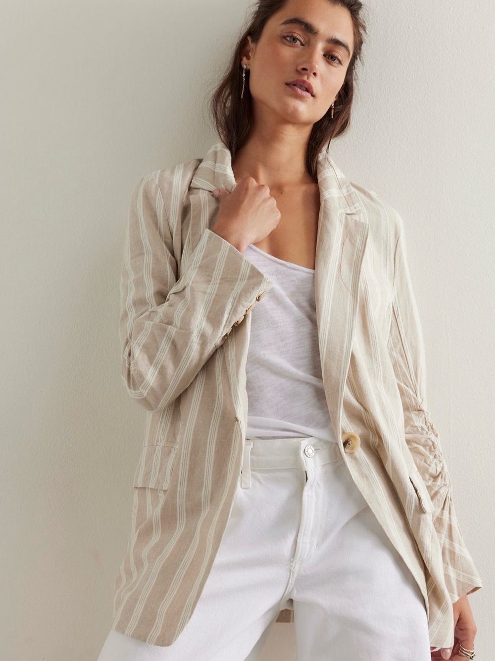 Free People Fern Blazer Beige Stripe Linen Blend Ruched Sleeve Coastal Chic XS
